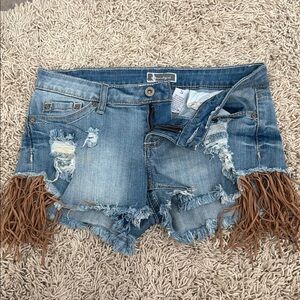 Rock & Roll Cowgirl Blue and Brown Jean Shorts Distressed Style